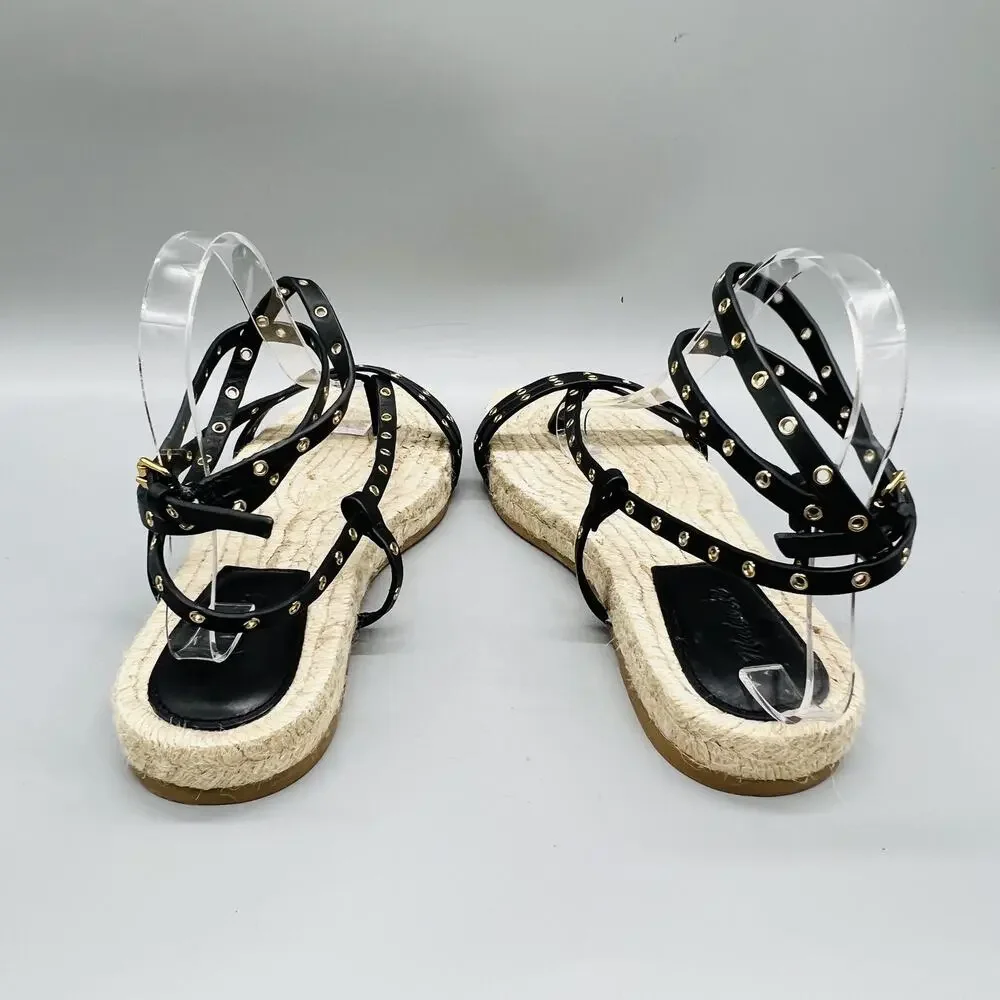 Madewell Sandals Womens 8 Black Leather Studded Strappy Thong Espadrille Shoes